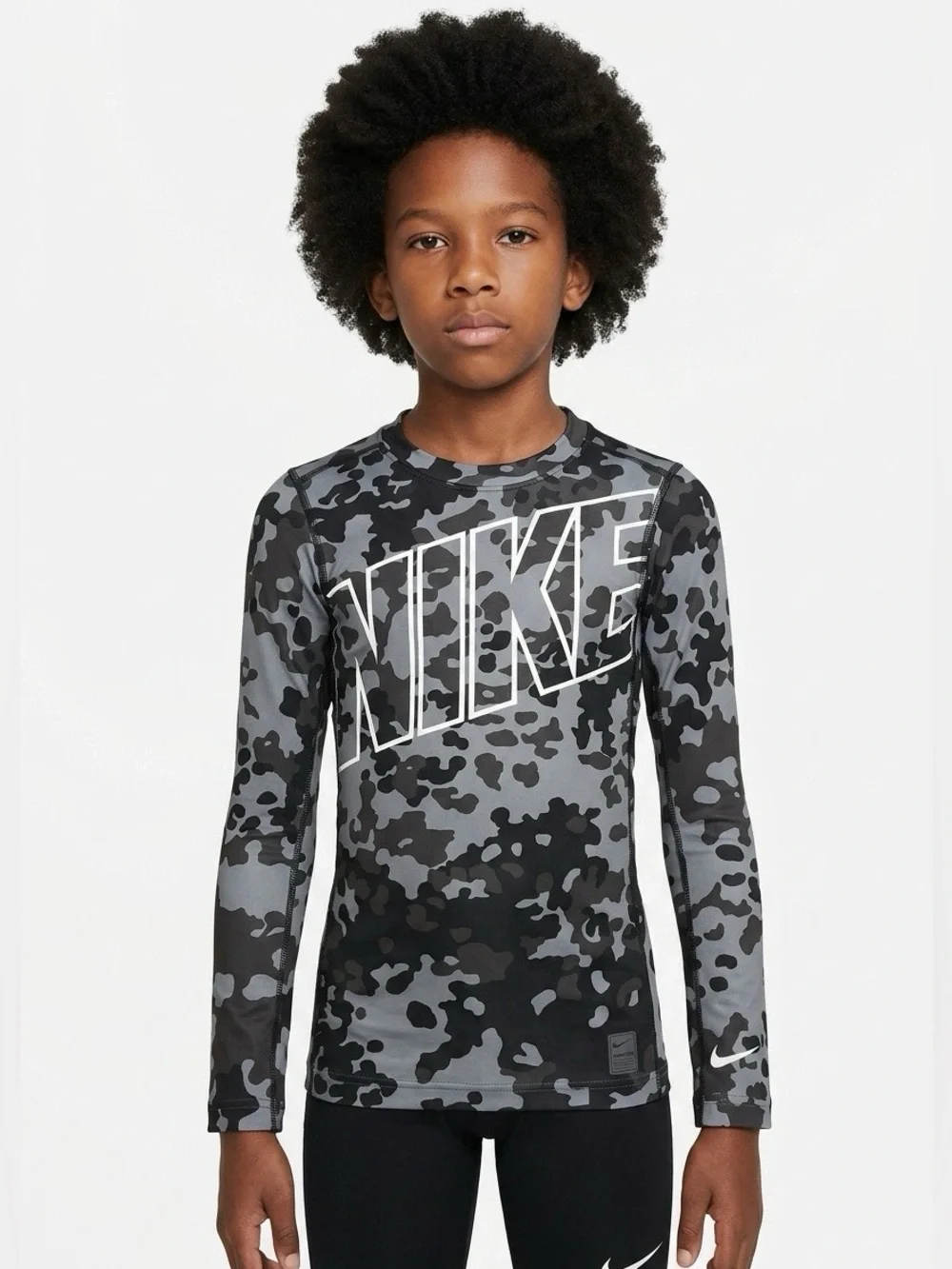 Nike Pro Dri-FIT Boys XL Camo Compression Shirt Black Gray Long Sleeve